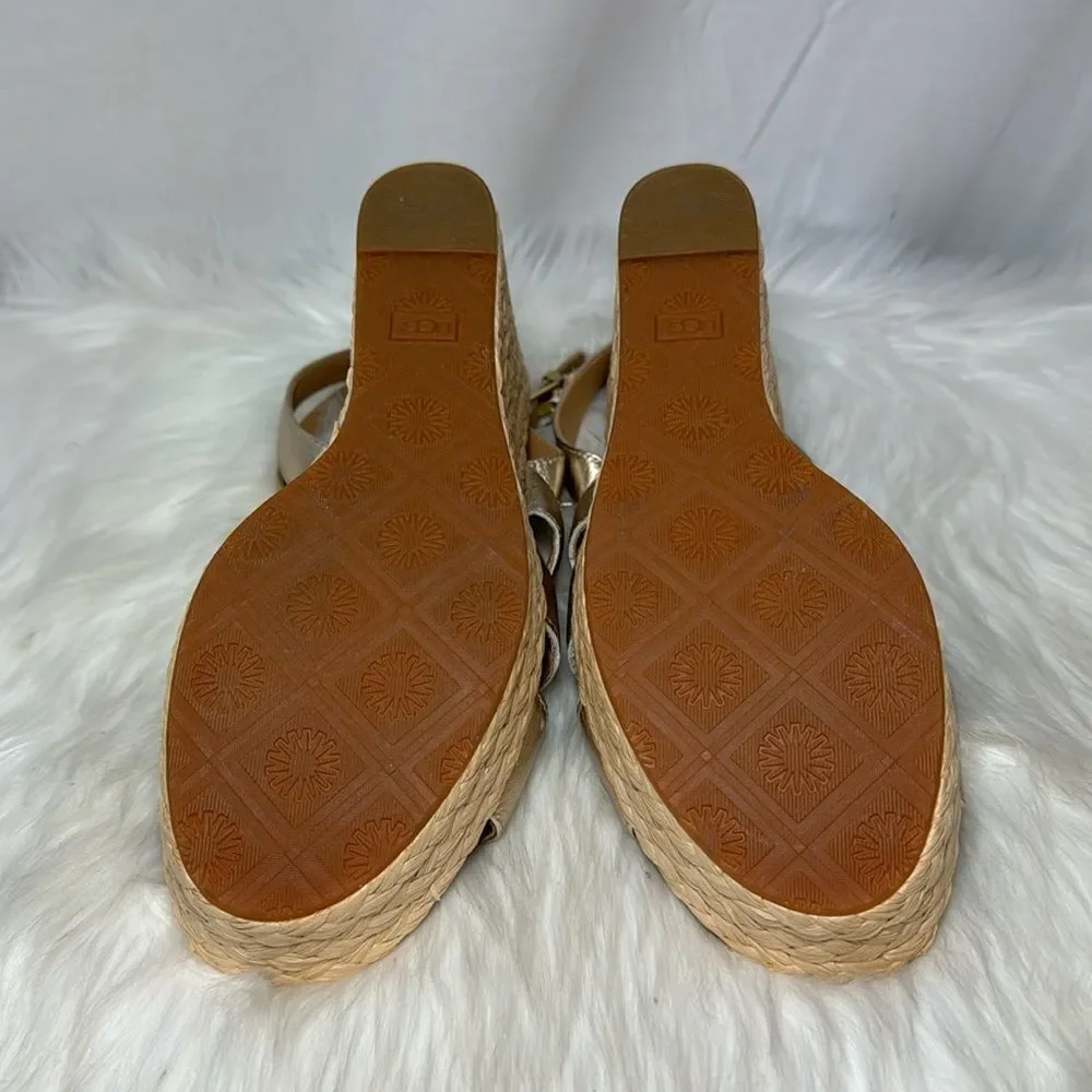 UGG Careena NWOT Gold Leather Raffia Wedge Espadrille Sandals Sz‎ 11
